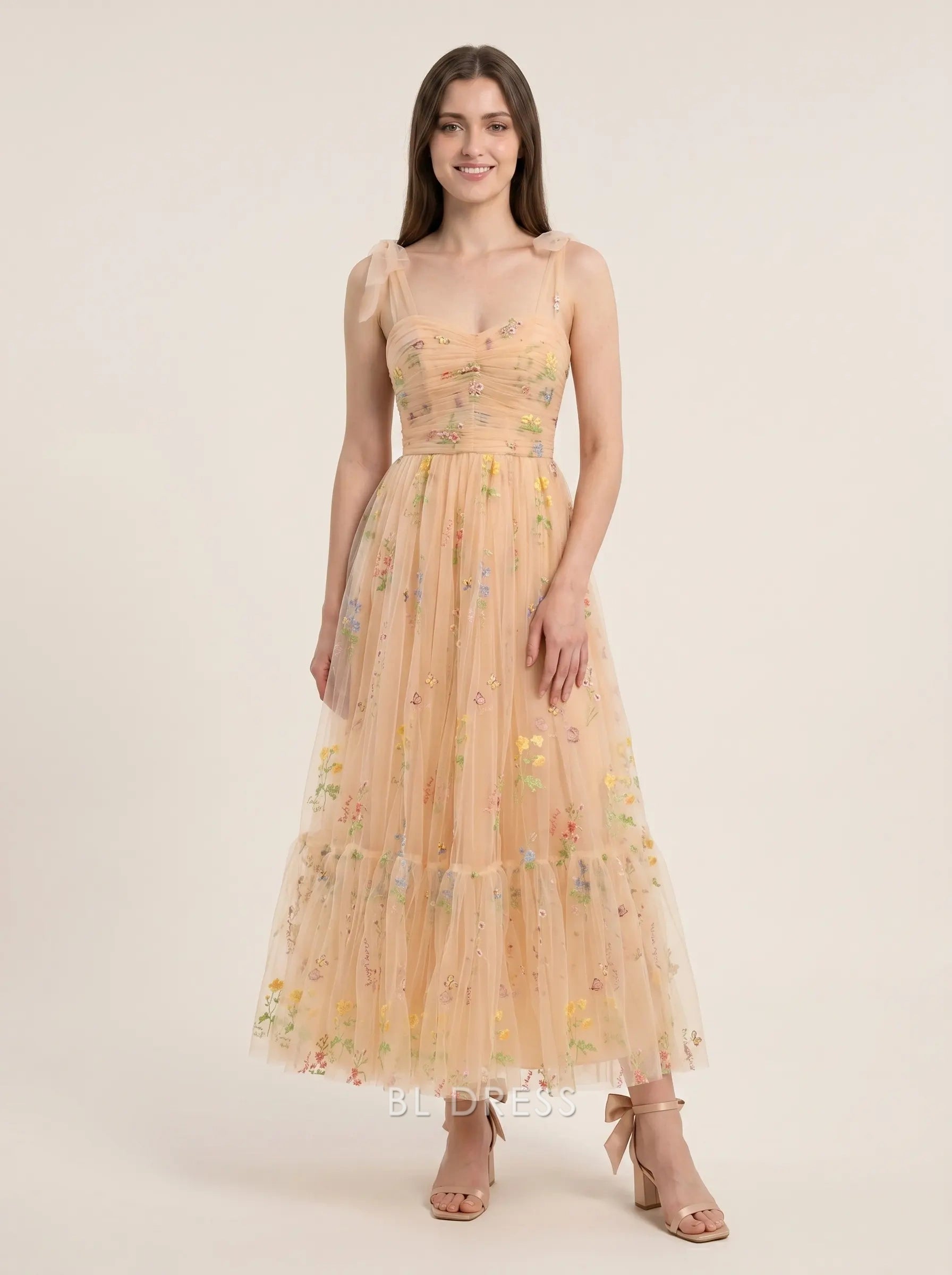 Peach Spaghetti Strap Bow Tie Shoulder Ruched Bodice Floral Embroidered Tulle A Line Midi Formal Evening Prom Dress