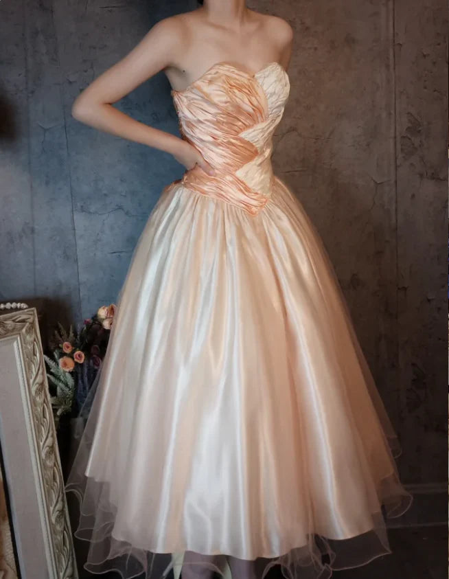 Peach and Ivory Strapless Ruched Satin Midi Prom Dress with Bow Back