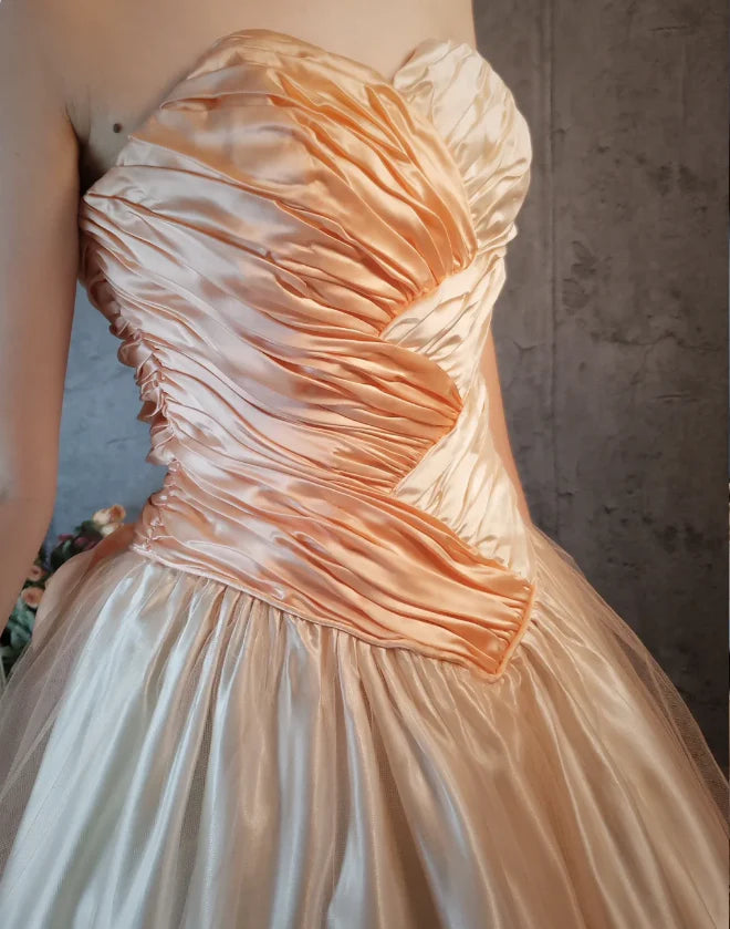 Peach and Ivory Strapless Ruched Satin Midi Prom Dress with Bow Back