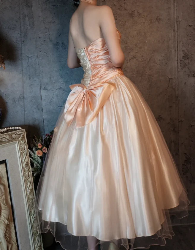 Peach and Ivory Strapless Ruched Satin Midi Prom Dress with Bow Back