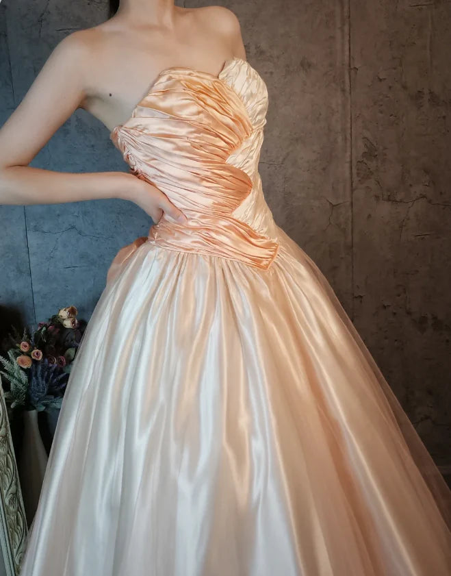 Peach and Ivory Strapless Ruched Satin Midi Prom Dress with Bow Back