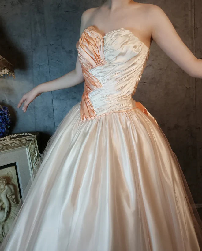 Peach and Ivory Strapless Ruched Satin Midi Prom Dress with Bow Back