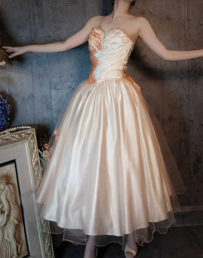 Peach and Ivory Strapless Ruched Satin Midi Prom Dress with Bow Back