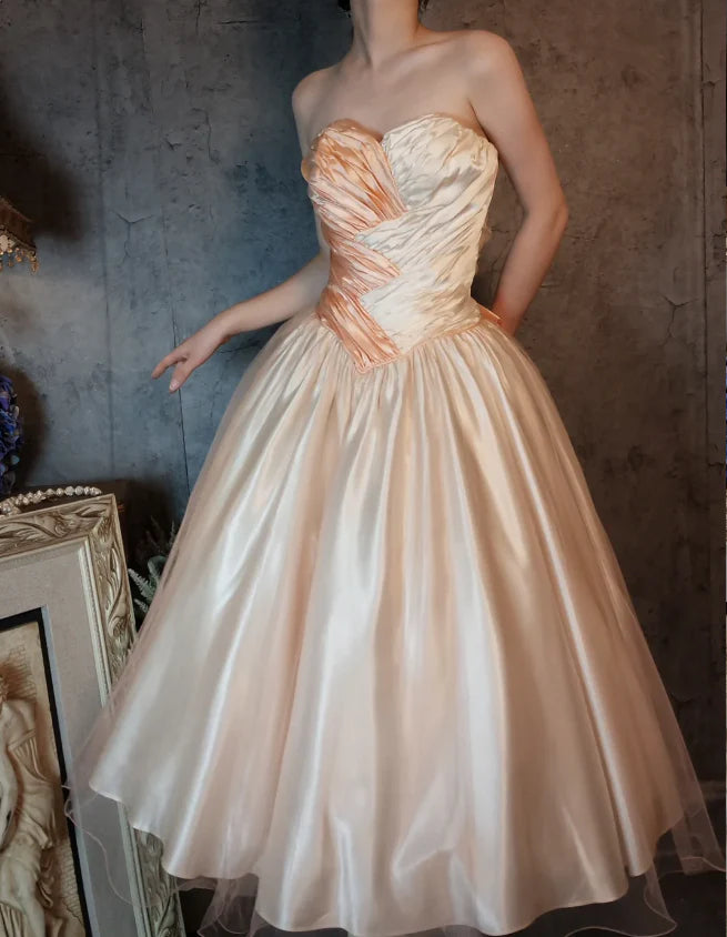 Peach and Ivory Strapless Ruched Satin Midi Prom Dress with Bow Back