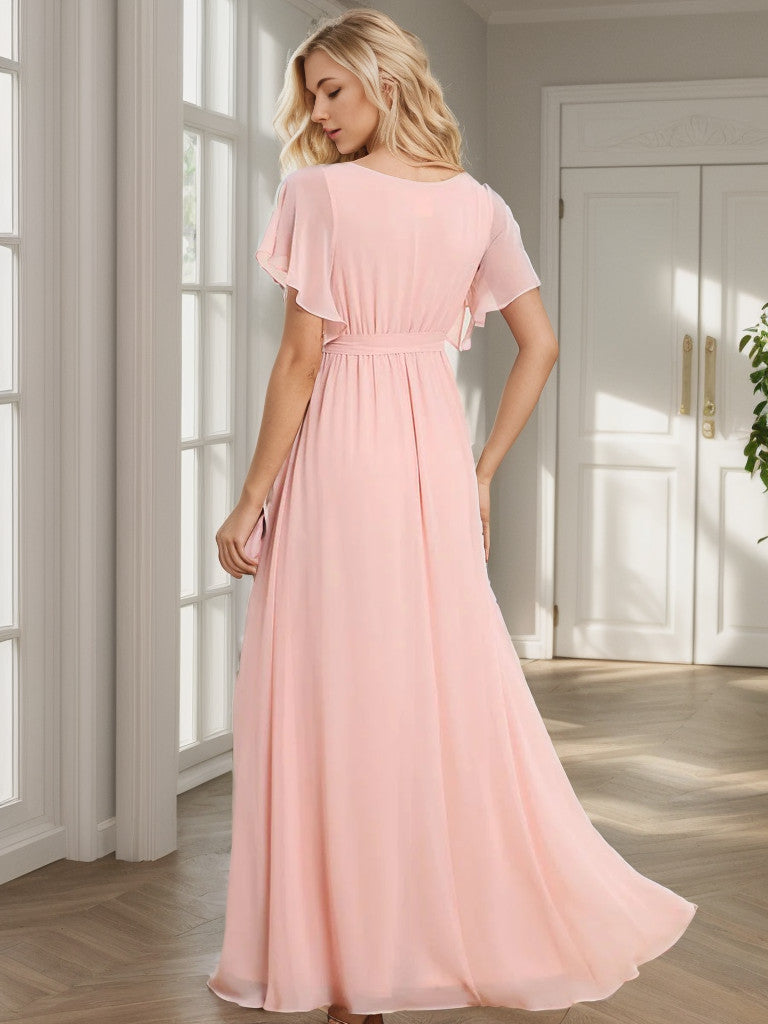 A-Line Pleated Chiffon Tie-Waist Evening Dress