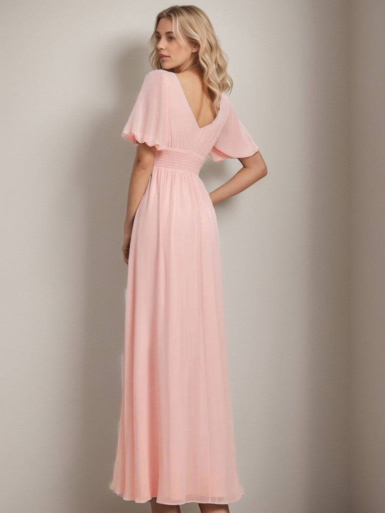 Chiffon Illusion V-Neck Flutter Sleeve Front Slit Evening Dress
