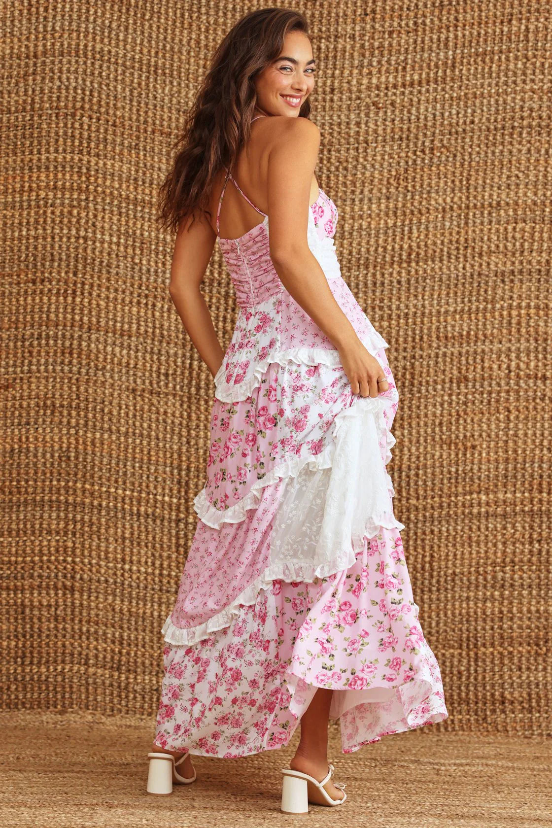 Pink Floral Print Spaghetti Strap V Neck Lace Ruffled Tiered Maxi Prom Dress