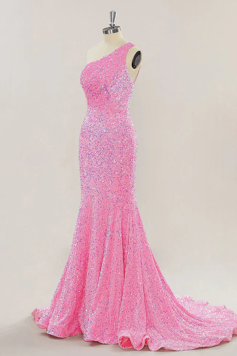 Mermaid One Shoulder Sequins Long Prom Dresses Formal Gown