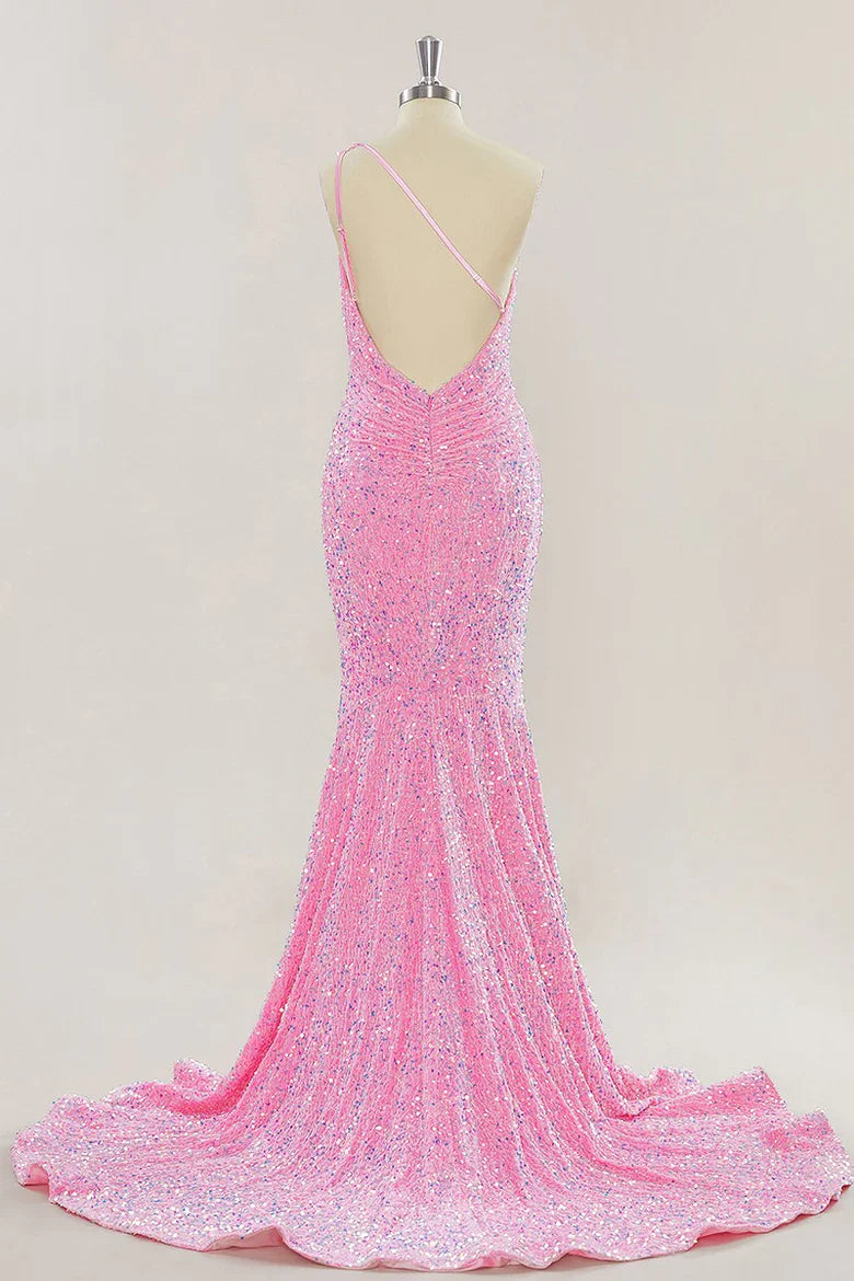 Mermaid One Shoulder Sequins Long Prom Dresses Formal Gown