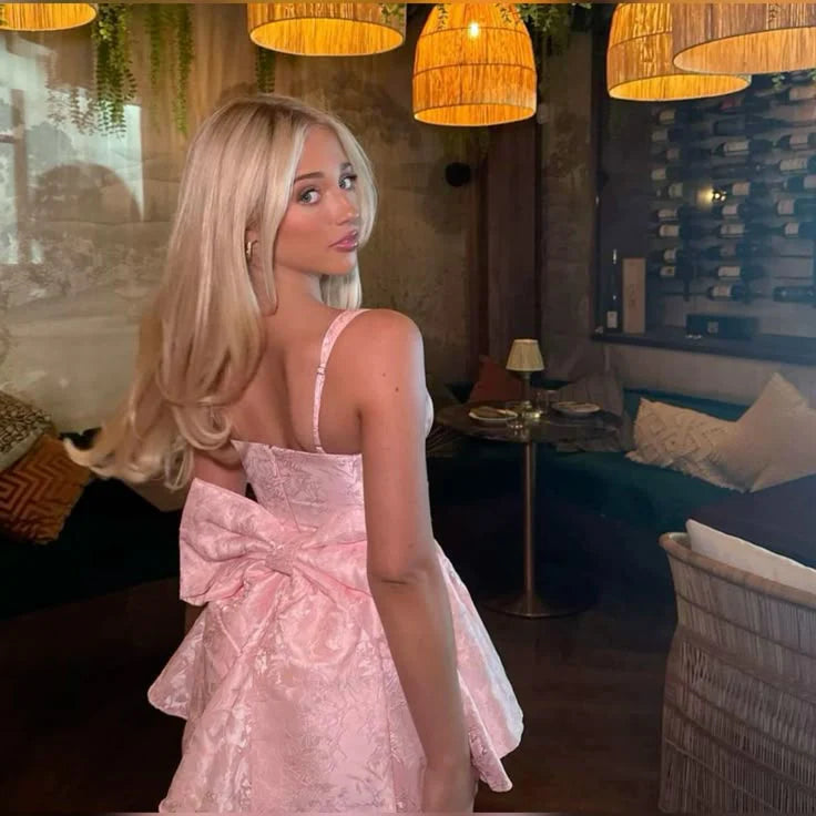 Pink Satin Jacquard Homecoming Dress With Corset Bodice And Large Bow Back For Formal Evening Party