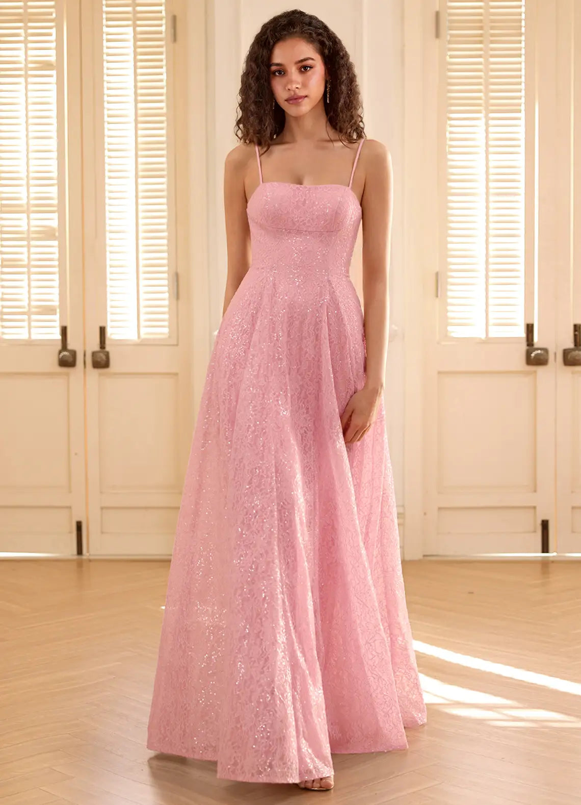 Pink Spaghetti Strap Prom Dress With Square Neck Lace Up Back Sequin Lace A Line Formal Prom Dress