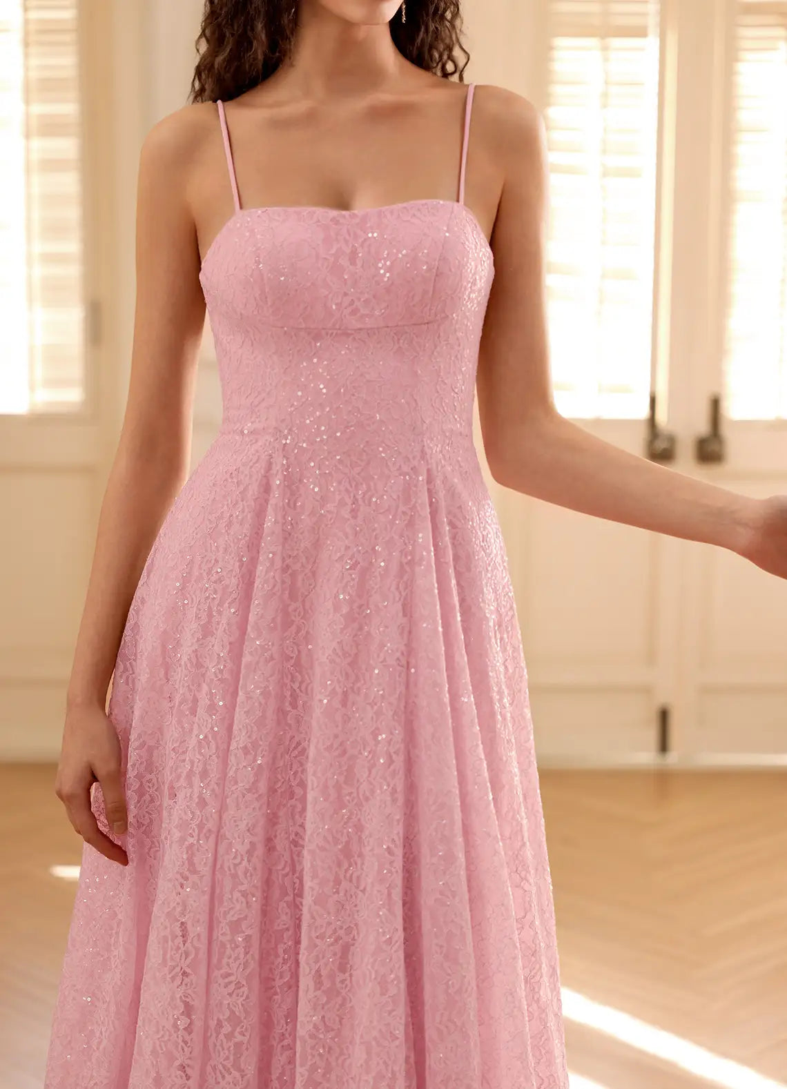 Pink Spaghetti Strap Prom Dress With Square Neck Lace Up Back Sequin Lace A Line Formal Prom Dress