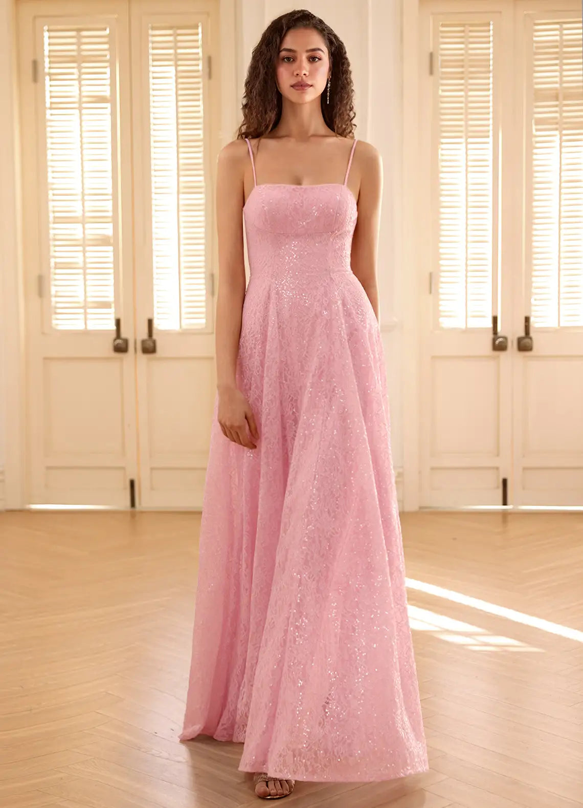 Pink Spaghetti Strap Prom Dress With Square Neck Lace Up Back Sequin Lace A Line Formal Prom Dress