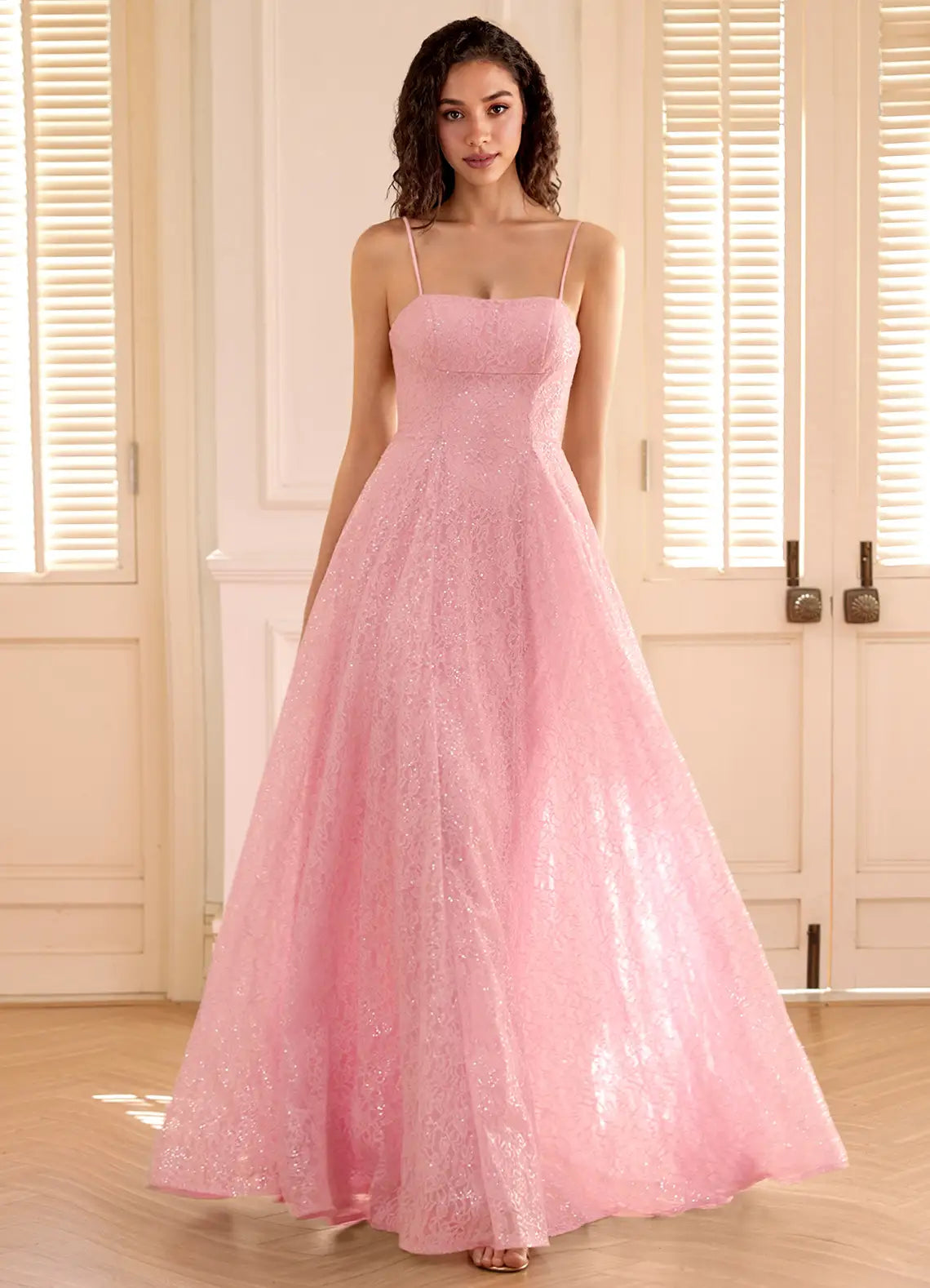 Pink Spaghetti Strap Prom Dress With Square Neck Lace Up Back Sequin Lace A Line Formal Prom Dress