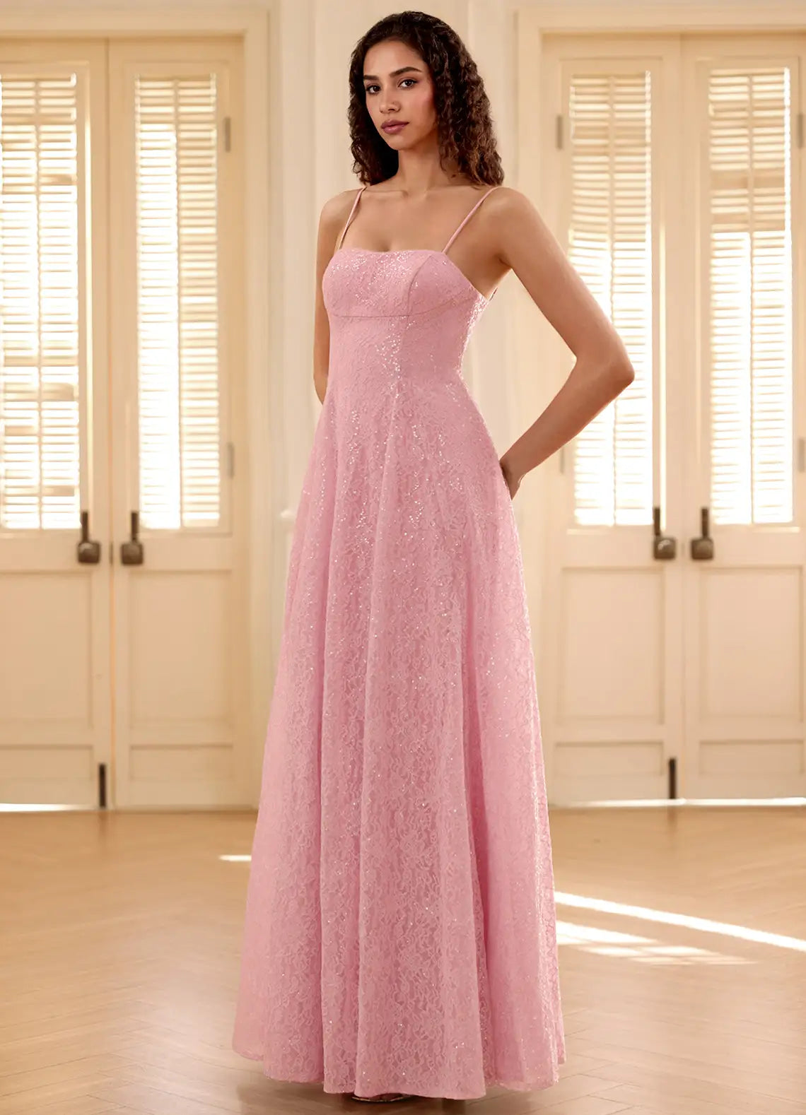 Pink Spaghetti Strap Prom Dress With Square Neck Lace Up Back Sequin Lace A Line Formal Prom Dress