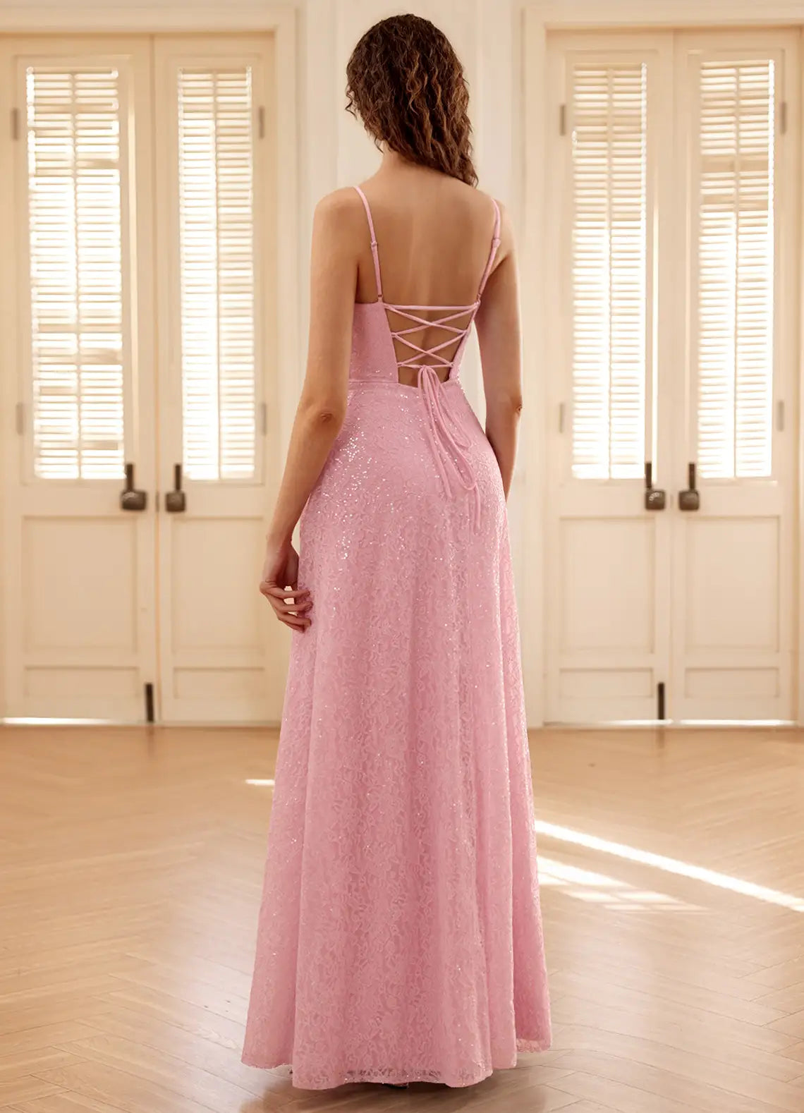 Pink Spaghetti Strap Prom Dress With Square Neck Lace Up Back Sequin Lace A Line Formal Prom Dress