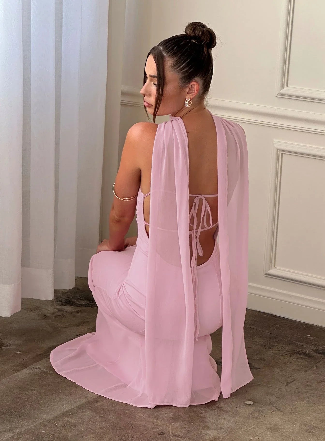 Pink Spaghetti Strap Prom Dress with Beaded Floral Embroidery and Tie Neck Scarf for Formal Events and Prom Nights