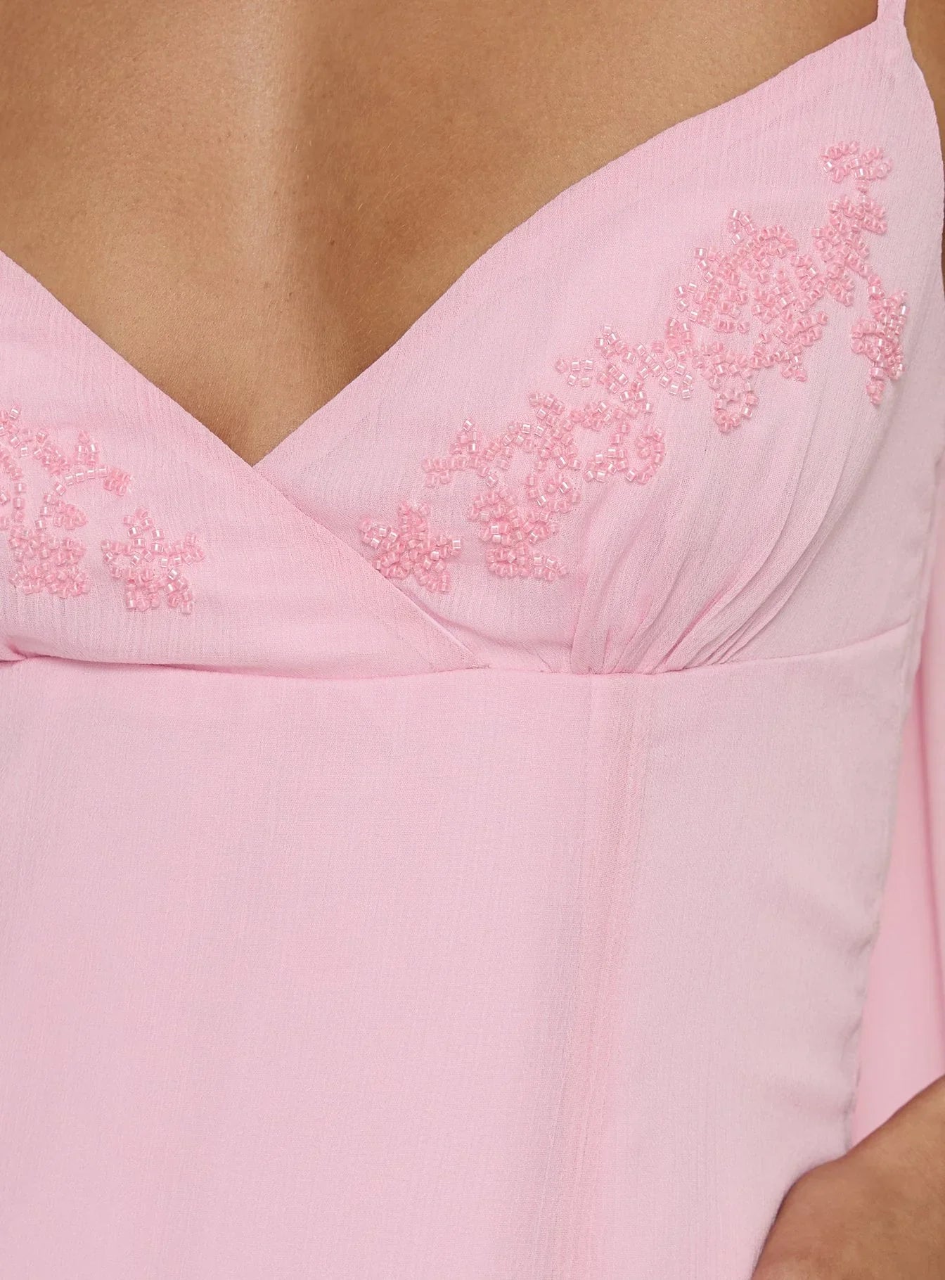 Pink Spaghetti Strap Prom Dress with Beaded Floral Embroidery and Tie Neck Scarf for Formal Events and Prom Nights