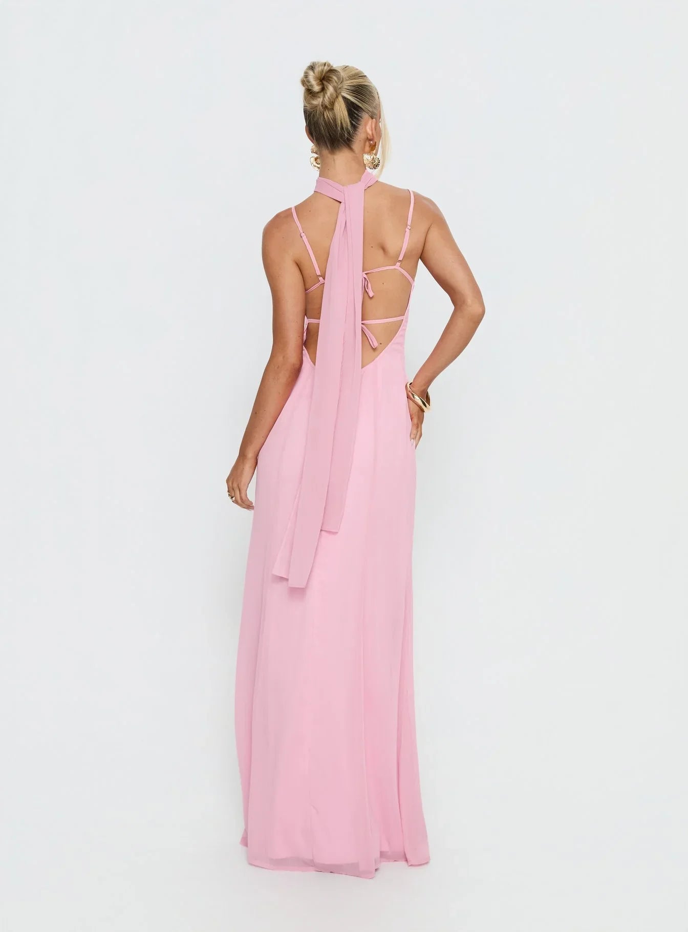 Pink Spaghetti Strap Prom Dress with Beaded Floral Embroidery and Tie Neck Scarf for Formal Events and Prom Nights