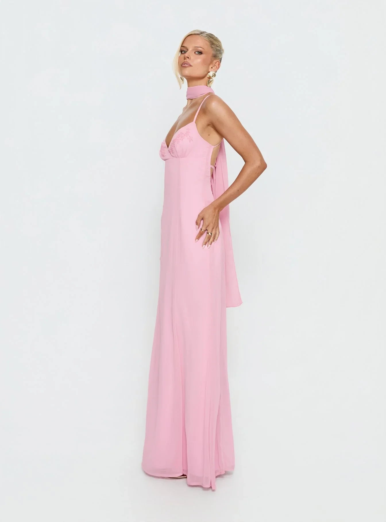 Pink Spaghetti Strap Prom Dress with Beaded Floral Embroidery and Tie Neck Scarf for Formal Events and Prom Nights
