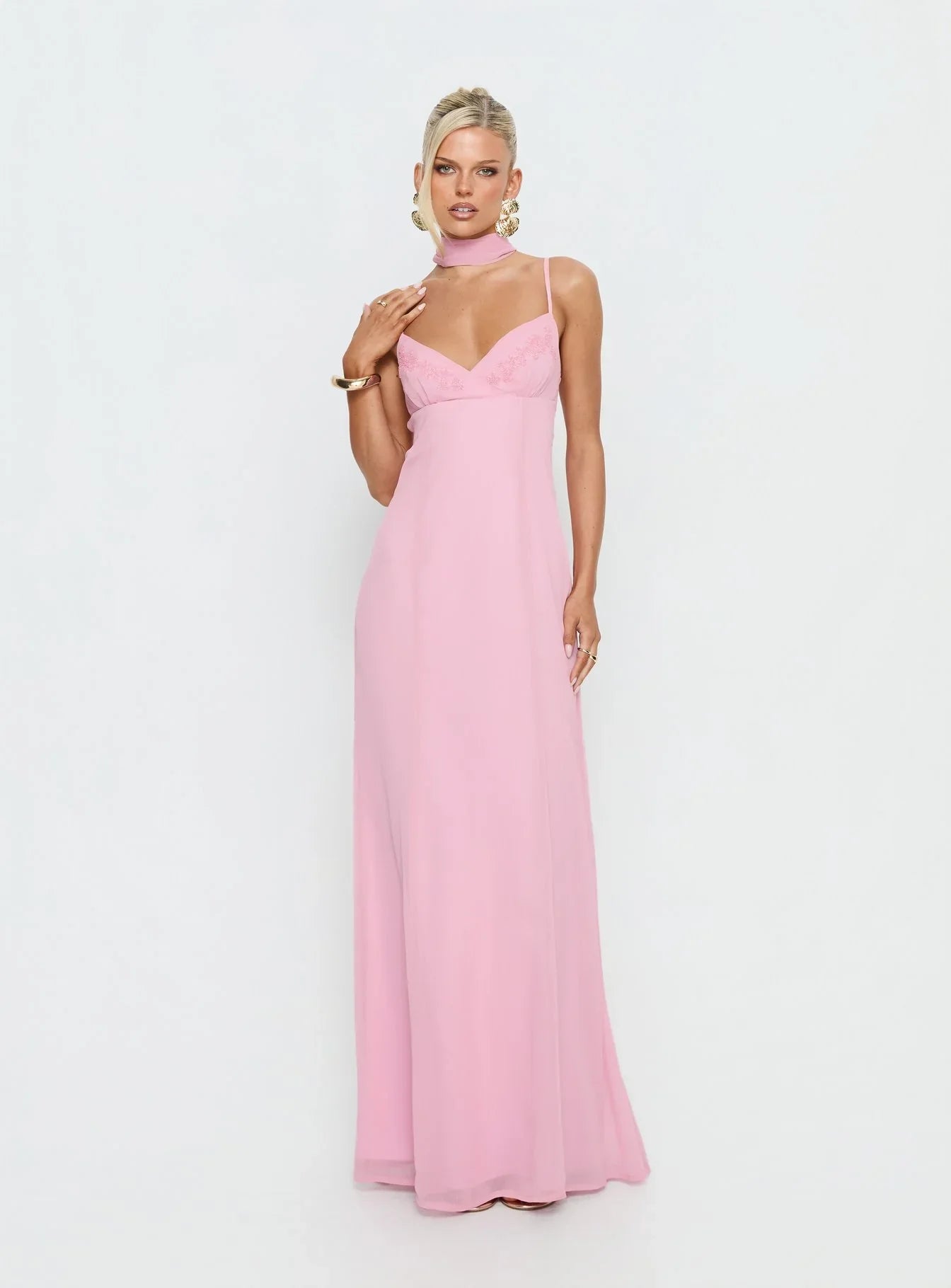 Pink Spaghetti Strap Prom Dress with Beaded Floral Embroidery and Tie Neck Scarf for Formal Events and Prom Nights