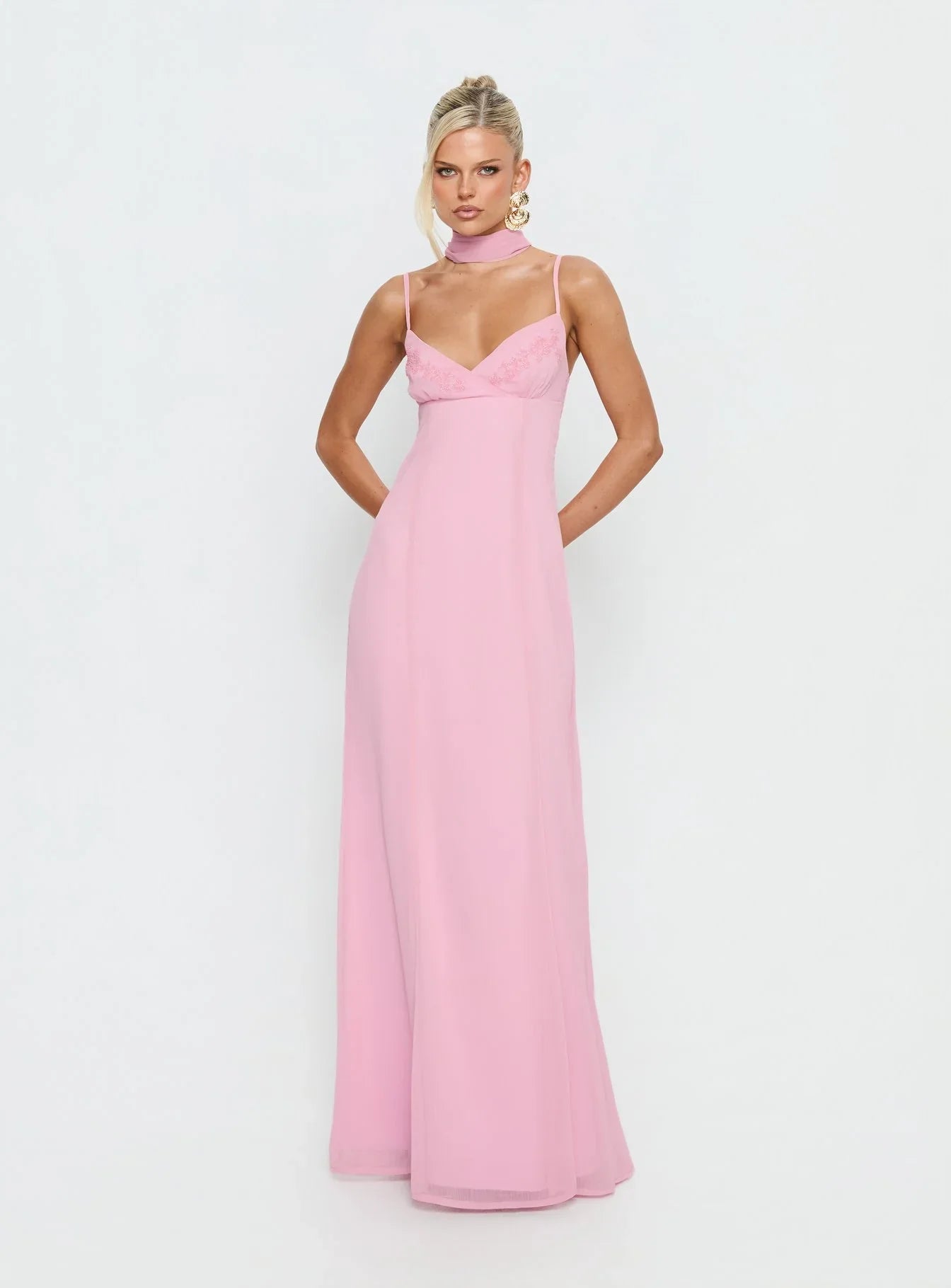Pink Spaghetti Strap Prom Dress with Beaded Floral Embroidery and Tie Neck Scarf for Formal Events and Prom Nights
