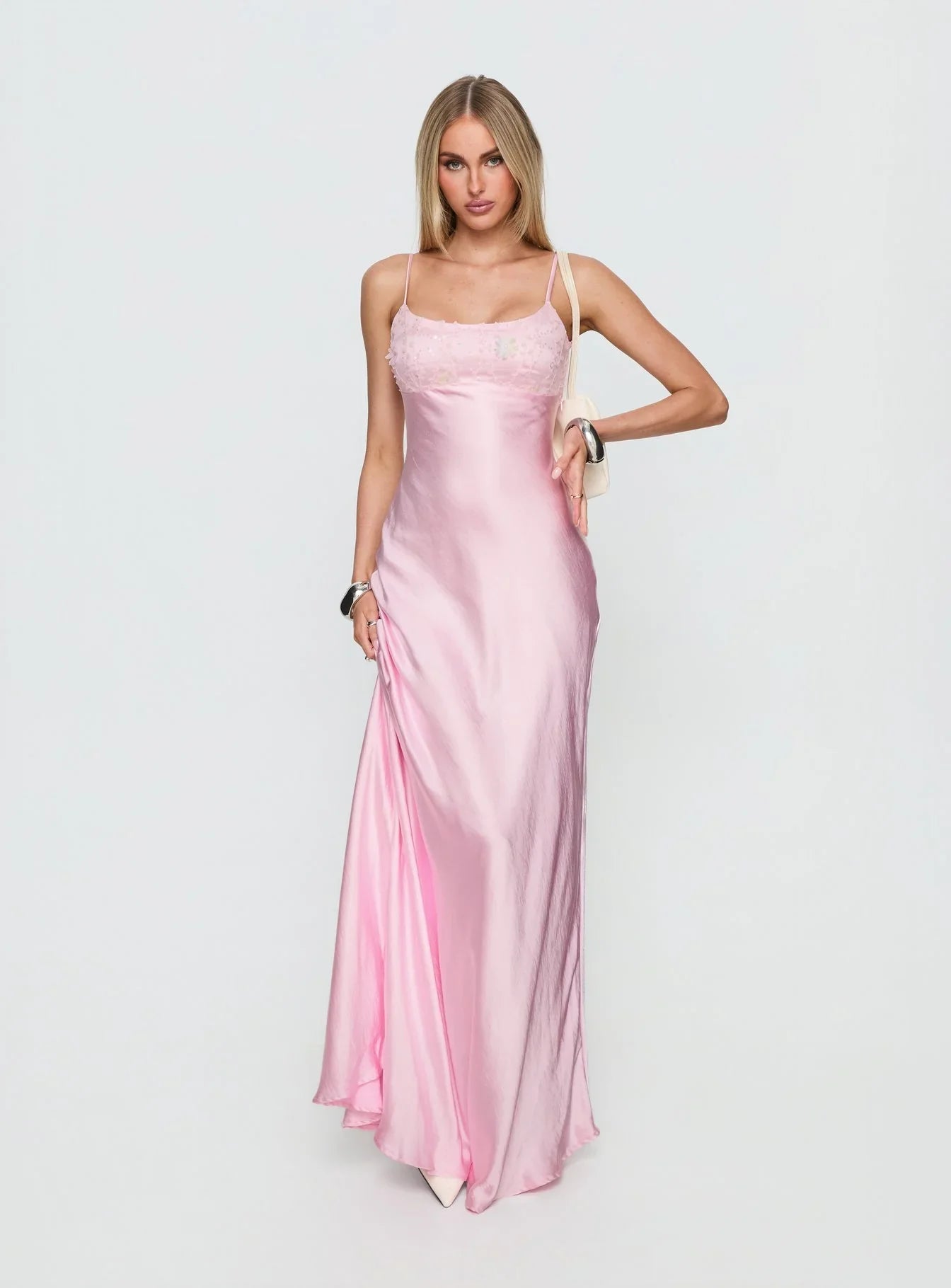 Pink Spaghetti Strap Prom Dress with Lace Trim and Twisted Back Detail for Formal Events and Prom Nights