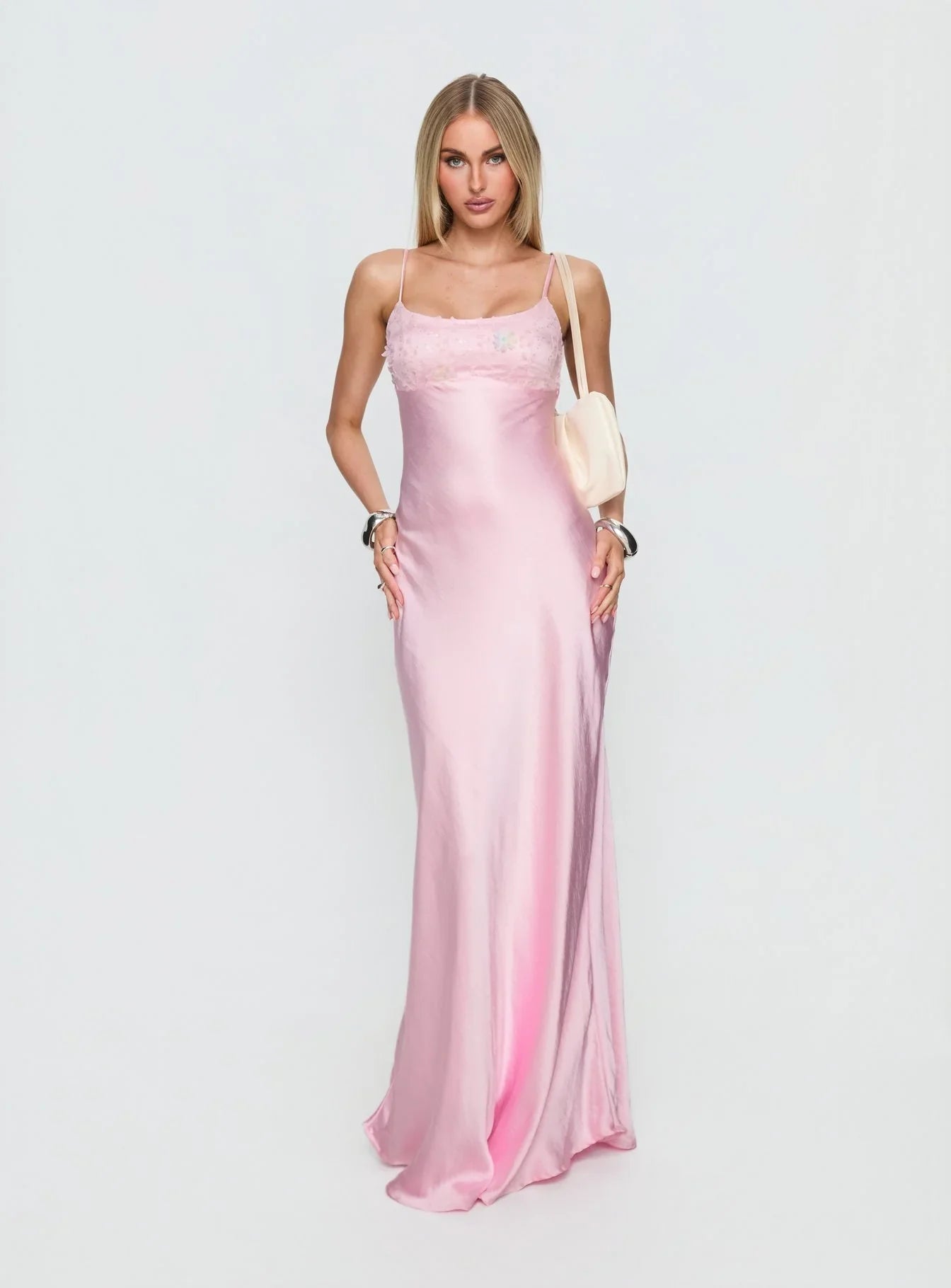 Pink Spaghetti Strap Prom Dress with Lace Trim and Twisted Back Detail for Formal Events and Prom Nights