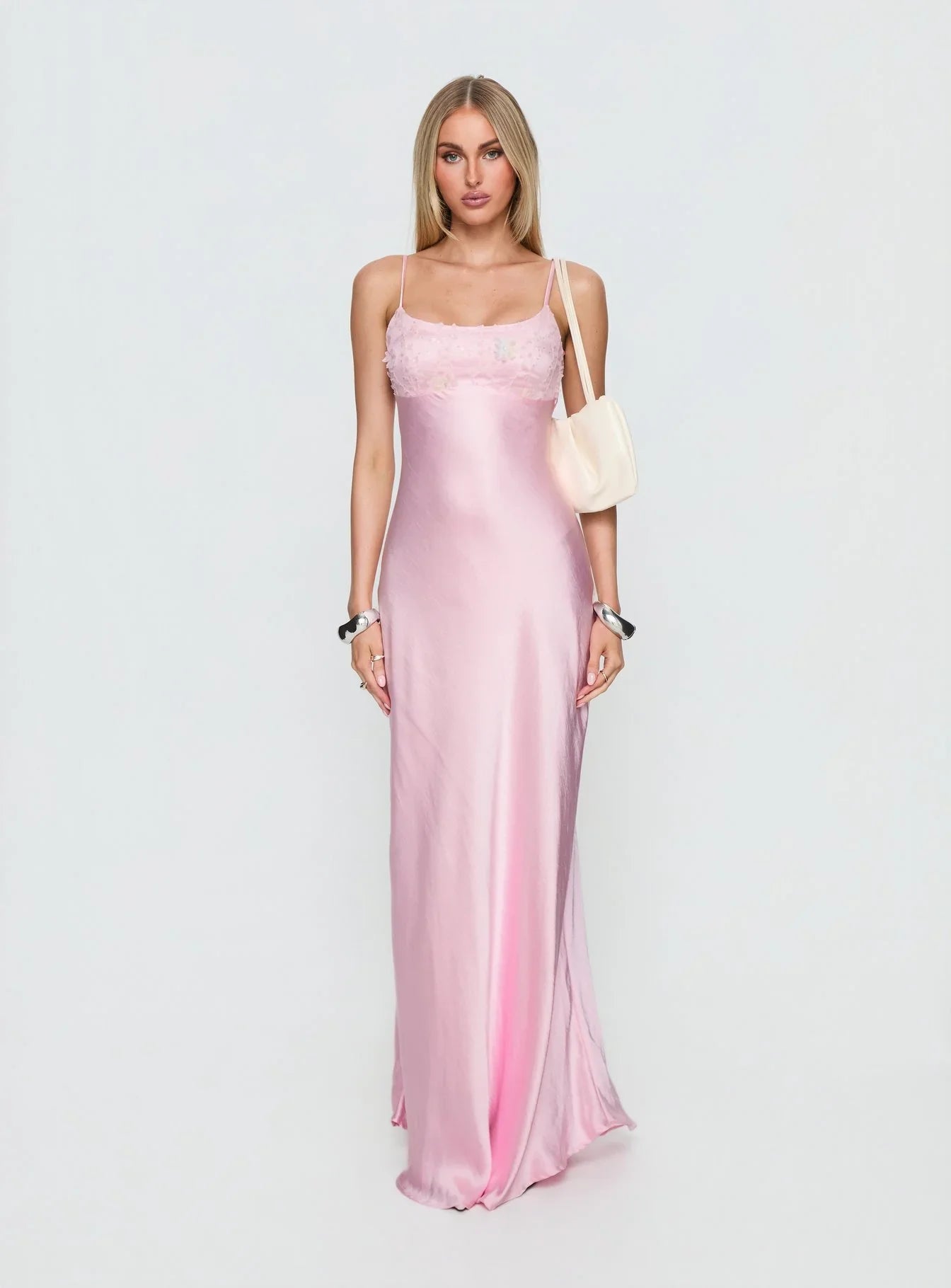 Pink Spaghetti Strap Prom Dress with Lace Trim and Twisted Back Detail for Formal Events and Prom Nights