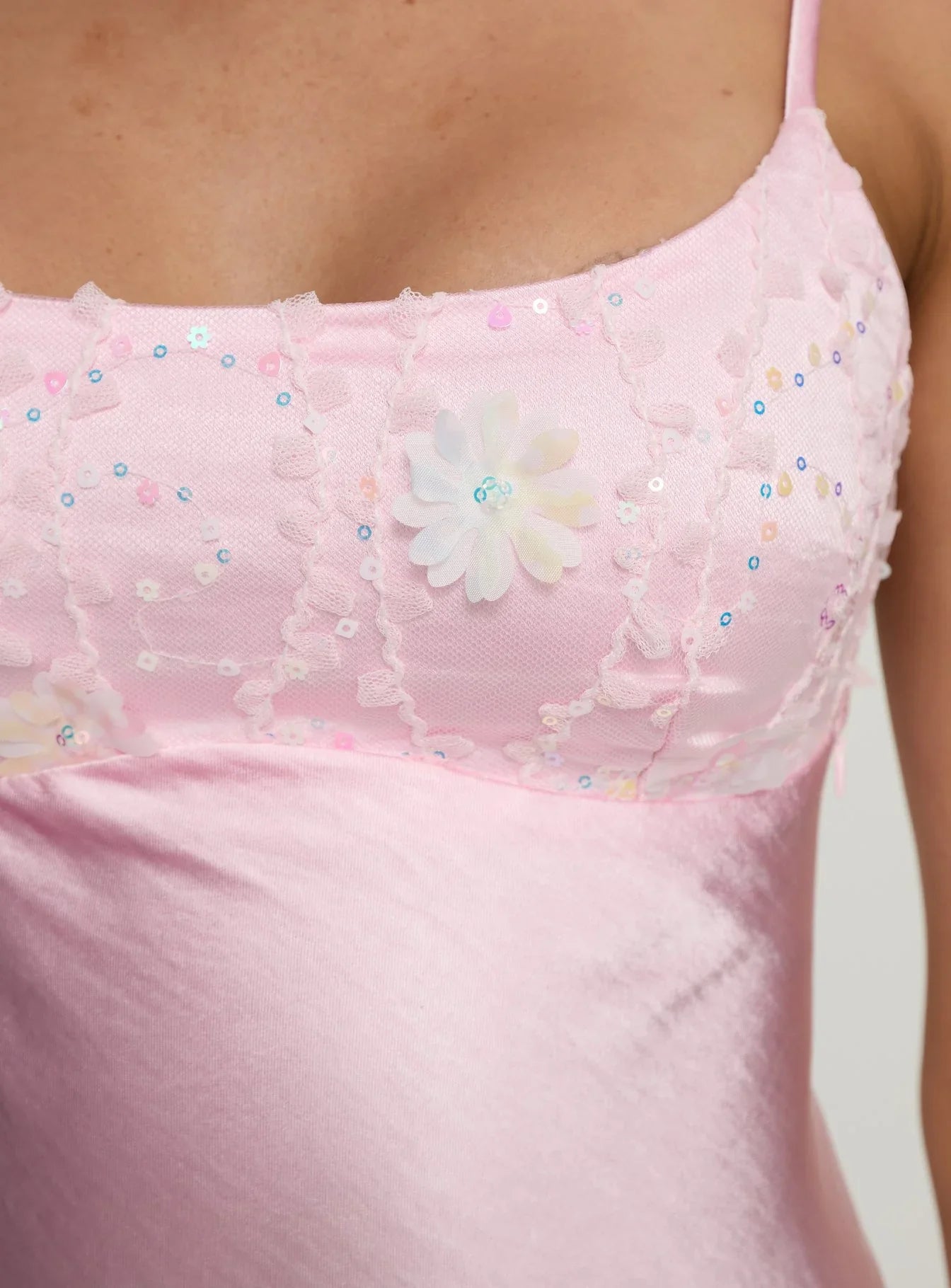 Pink Spaghetti Strap Prom Dress with Lace Trim and Twisted Back Detail for Formal Events and Prom Nights