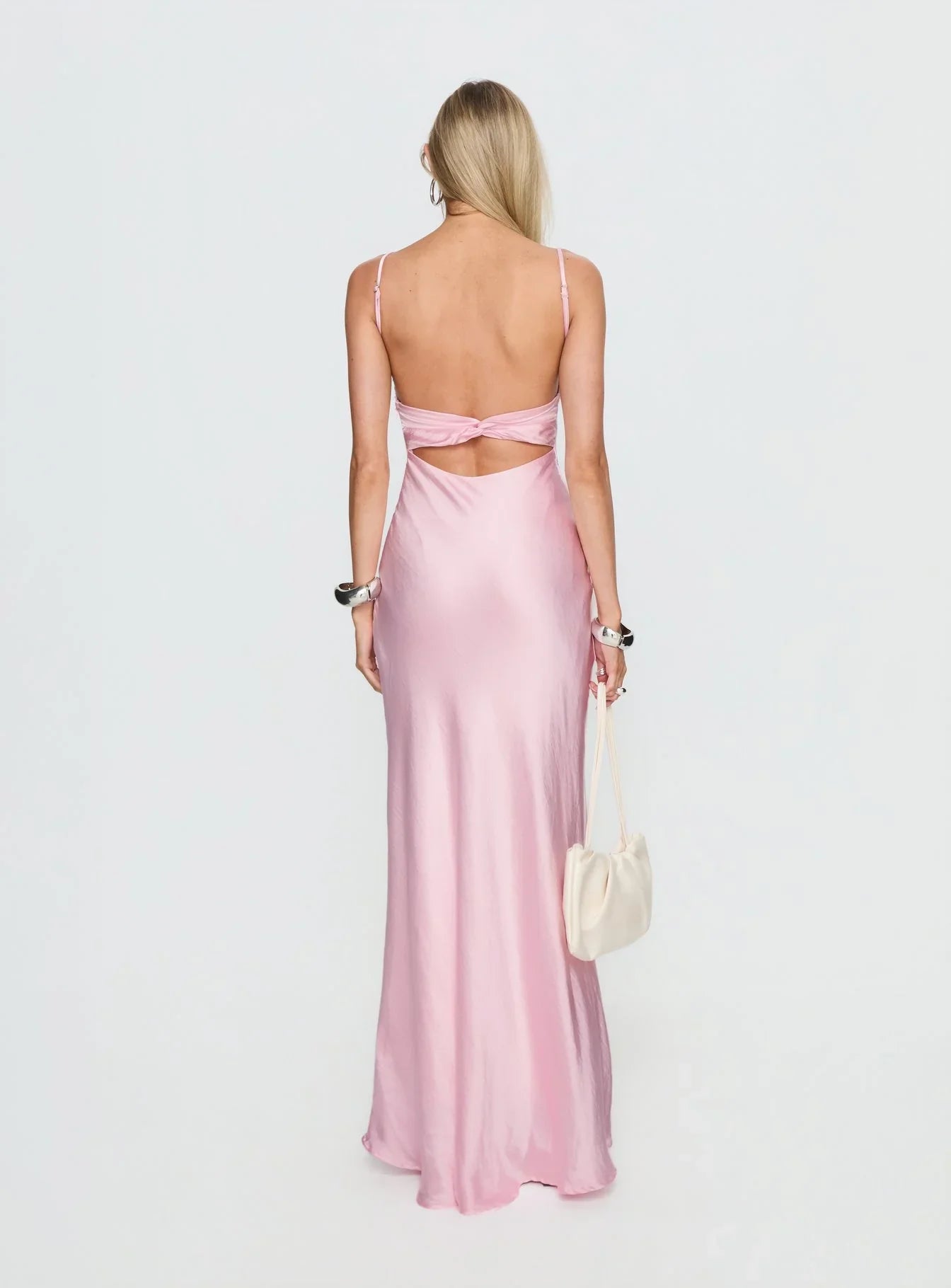 Pink Spaghetti Strap Prom Dress with Lace Trim and Twisted Back Detail for Formal Events and Prom Nights