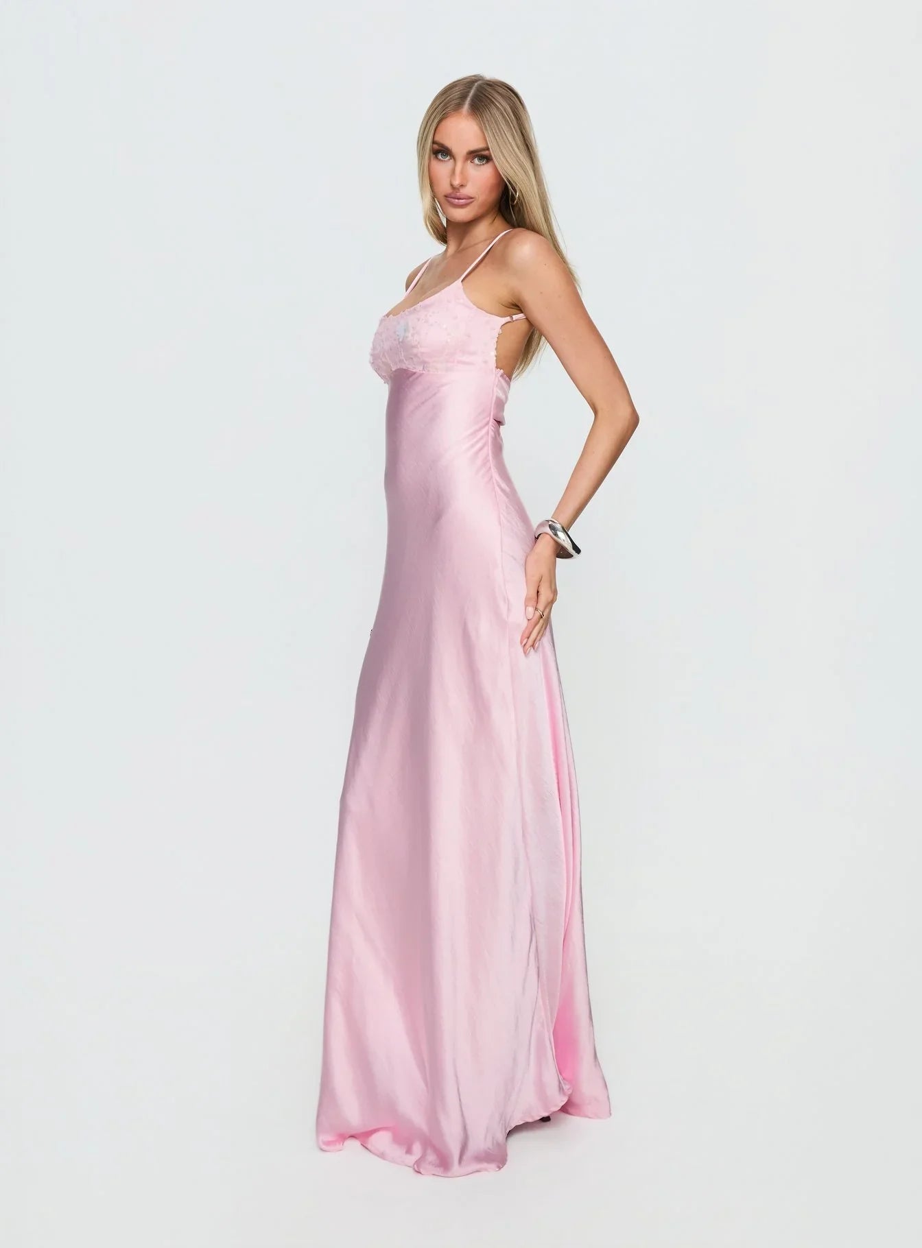 Pink Spaghetti Strap Prom Dress with Lace Trim and Twisted Back Detail for Formal Events and Prom Nights