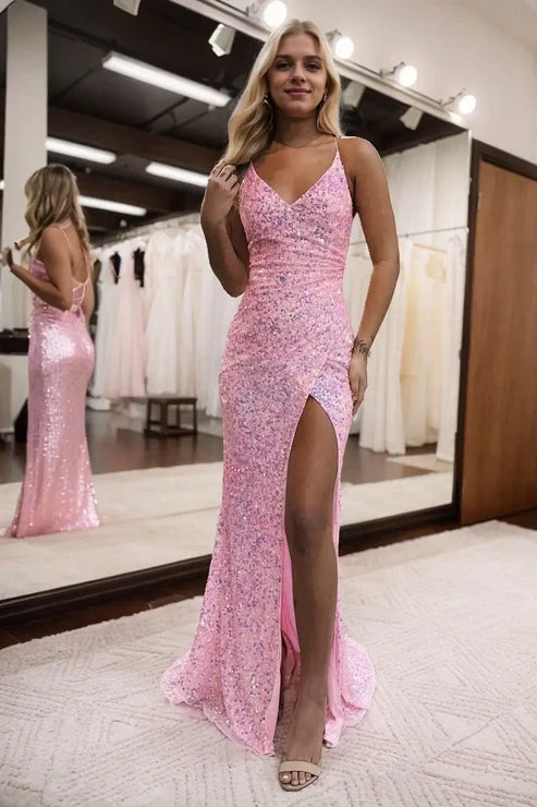 Pink Spaghetti Strap Sequin Mermaid Prom Dress with High Slit and Lace-Up Back for Formal Events and Prom Nights