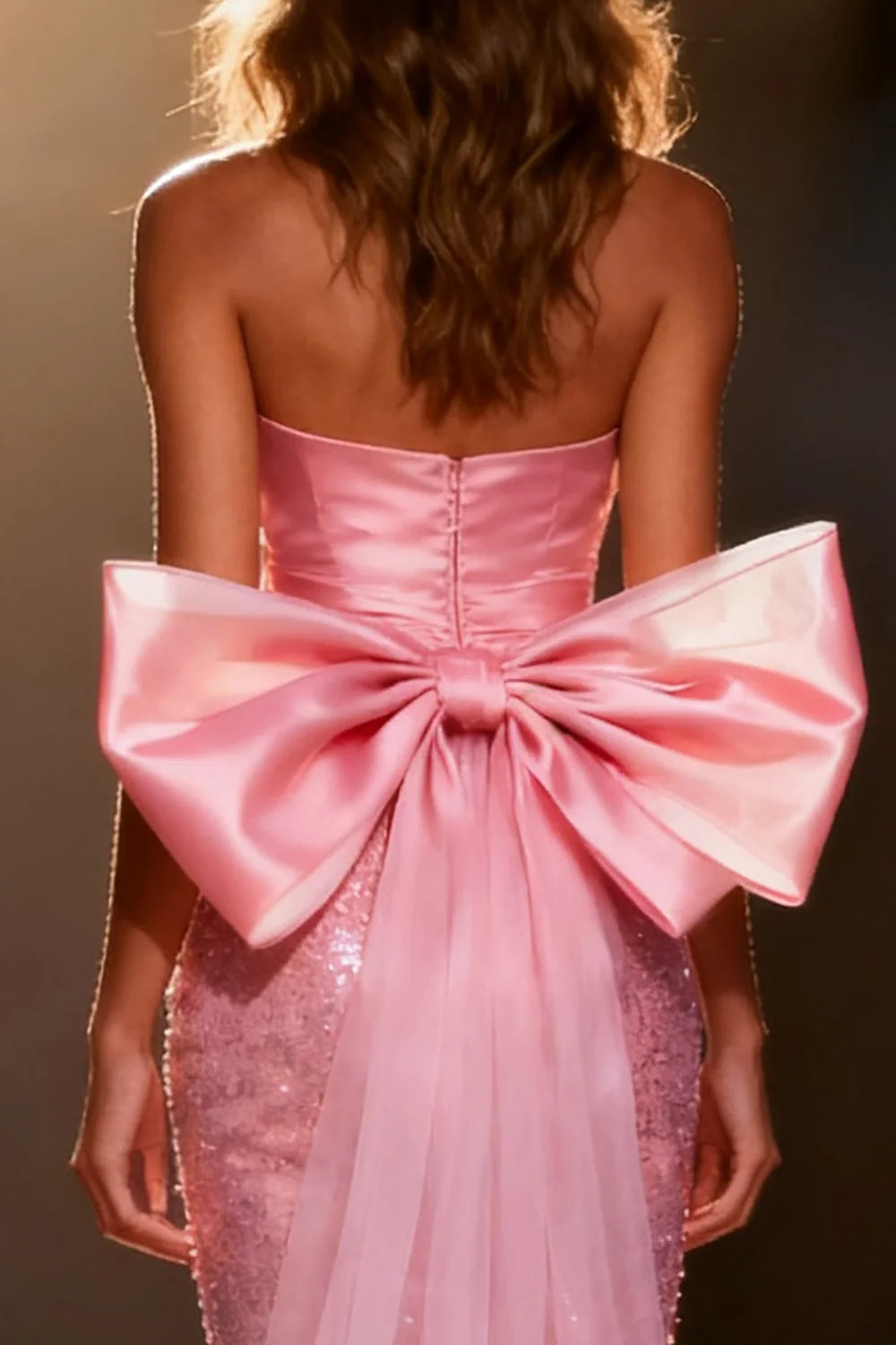 Pink Strapless Prom Dress With Satin Bow Detail And High Slit Sequin Mermaid Silhouette For Formal Evening Party