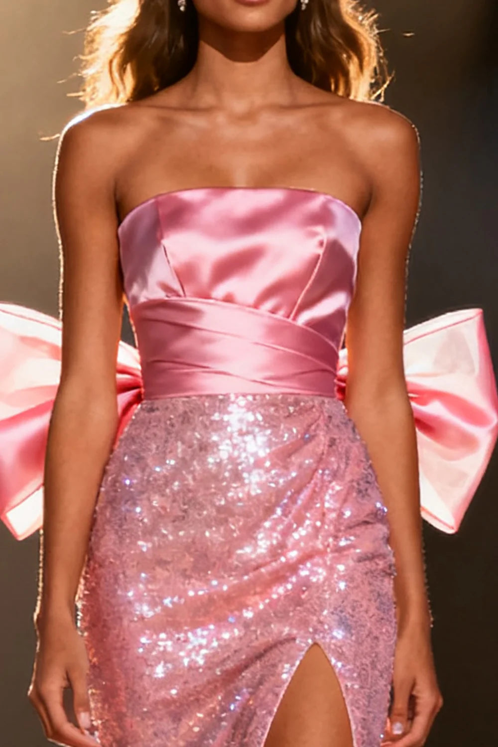 Pink Strapless Prom Dress With Satin Bow Detail And High Slit Sequin Mermaid Silhouette For Formal Evening Party