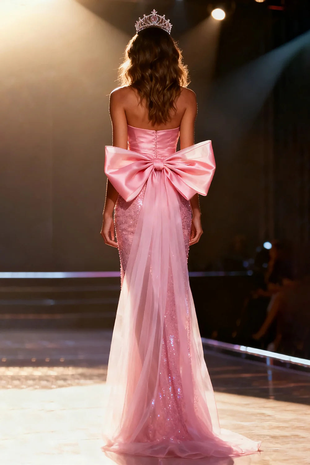 Pink Strapless Prom Dress With Satin Bow Detail And High Slit Sequin Mermaid Silhouette For Formal Evening Party