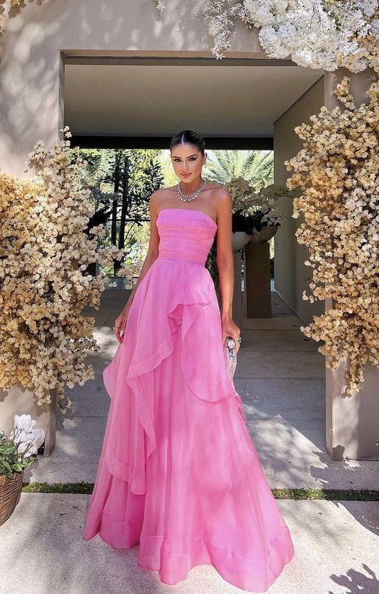 Pink Strapless Prom Dress with Layered Chiffon Skirt for Formal Events and Prom Nights