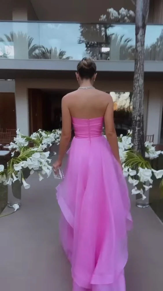 Pink Strapless Prom Dress with Layered Chiffon Skirt for Formal Events and Prom Nights