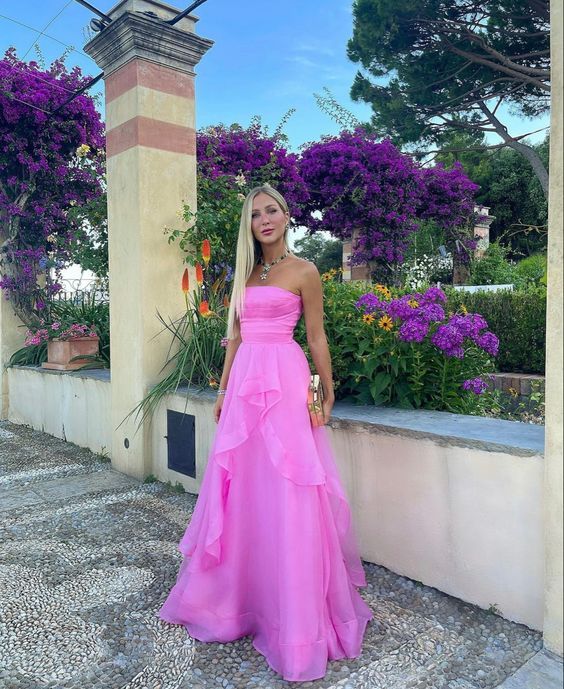 Pink Strapless Prom Dress with Layered Chiffon Skirt for Formal Events and Prom Nights