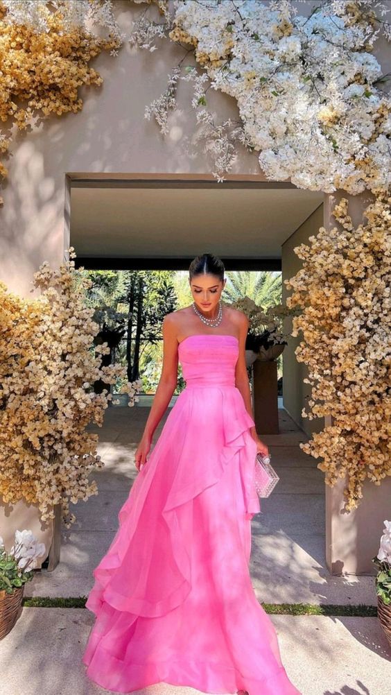 Pink Strapless Prom Dress with Layered Chiffon Skirt for Formal Events and Prom Nights