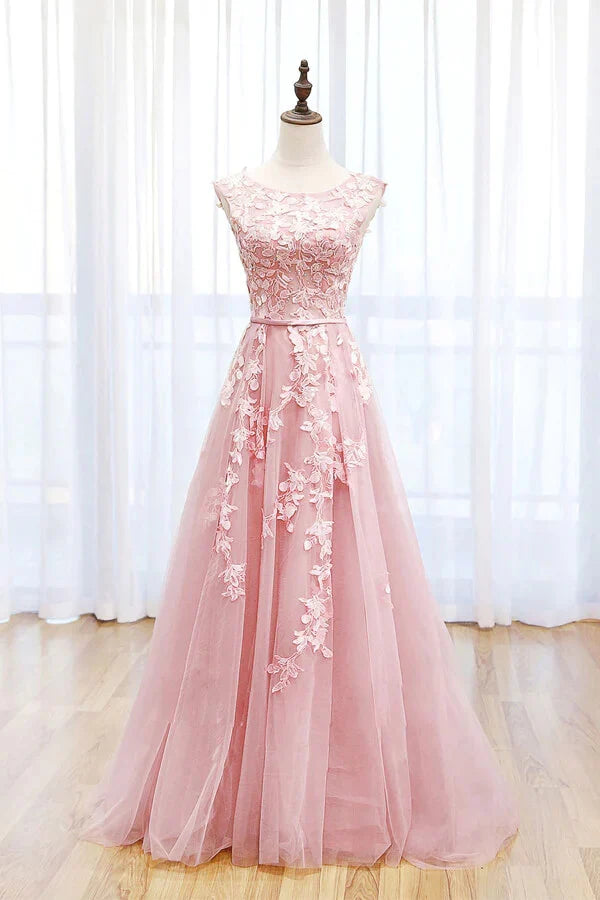 A-line Tulle Scoop Lace Prom Dresses With Train Long Formal Dresses