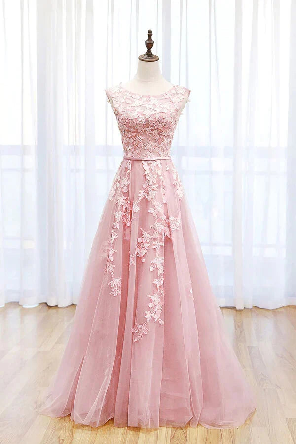 A-line Scoop Tulle Prom Dresses With Train