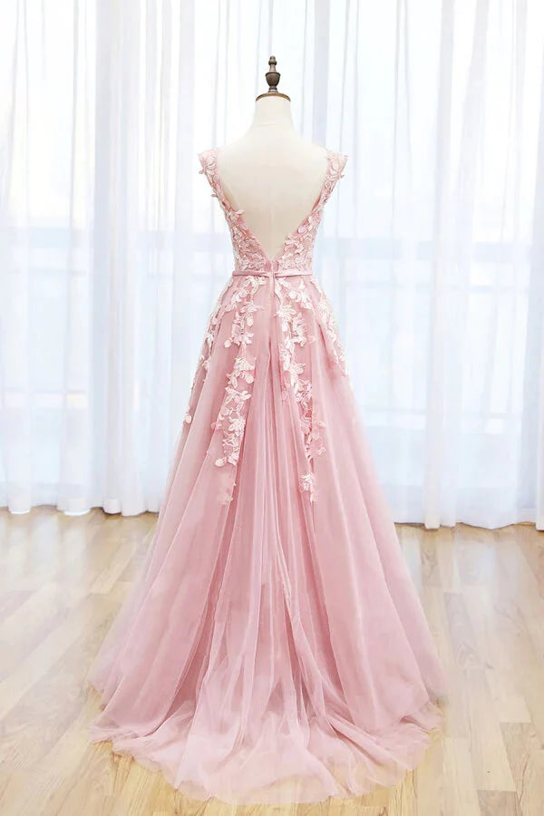 A-line Tulle Scoop Lace Prom Dresses With Train Long Formal Dresses