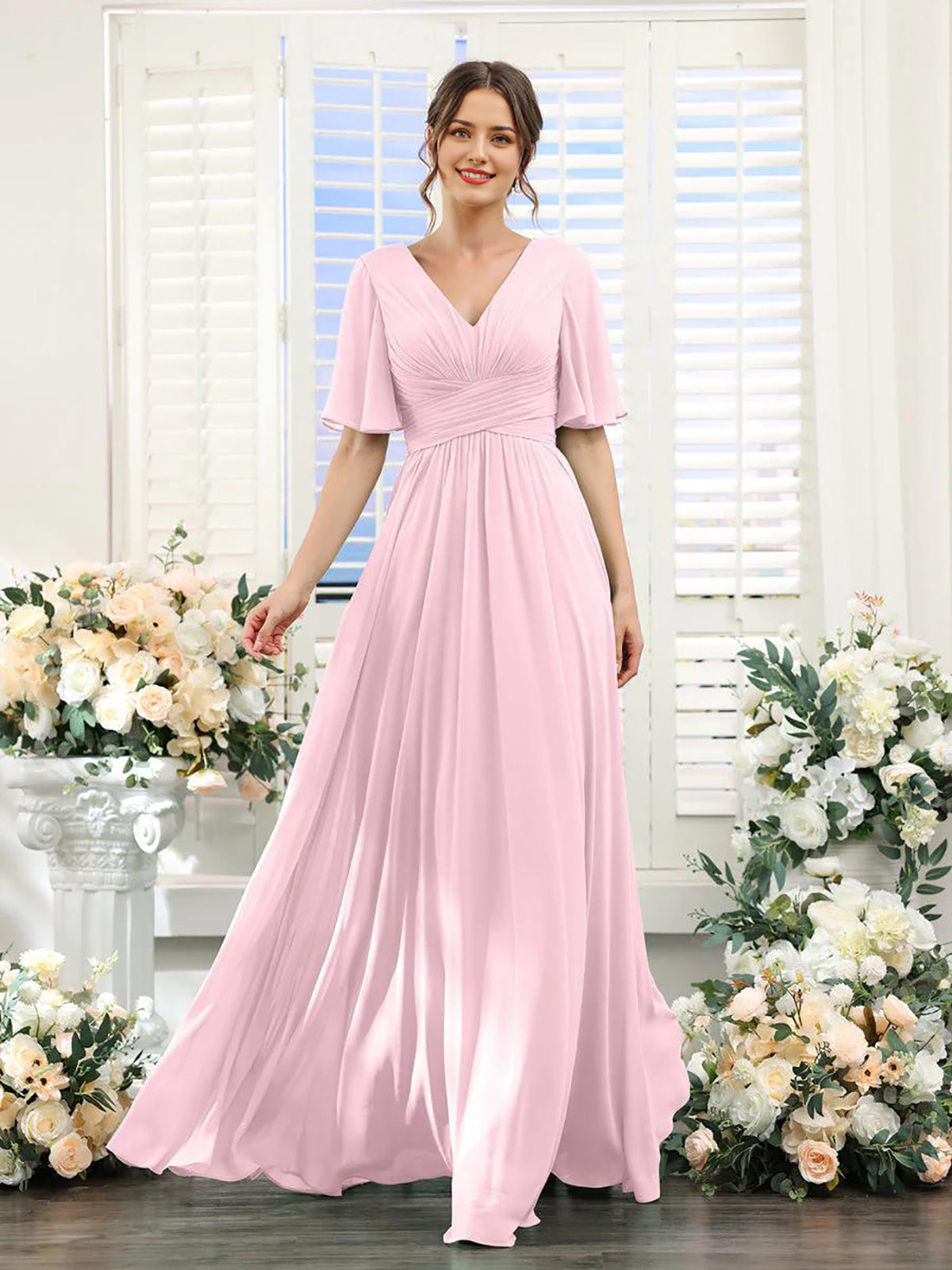 A-Linie V-Ausschnitt Ärmel Langes Chiffon Formelle Partykleider für Hochzeitsgäste Brautjungfernkleid