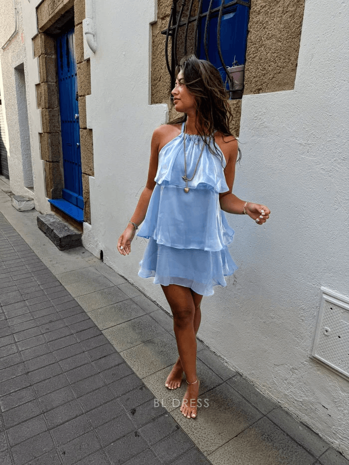 Playful A-Line Halter Neck Sleeveless Tiered Ruffle Sky Blue Mini Homecoming Dress