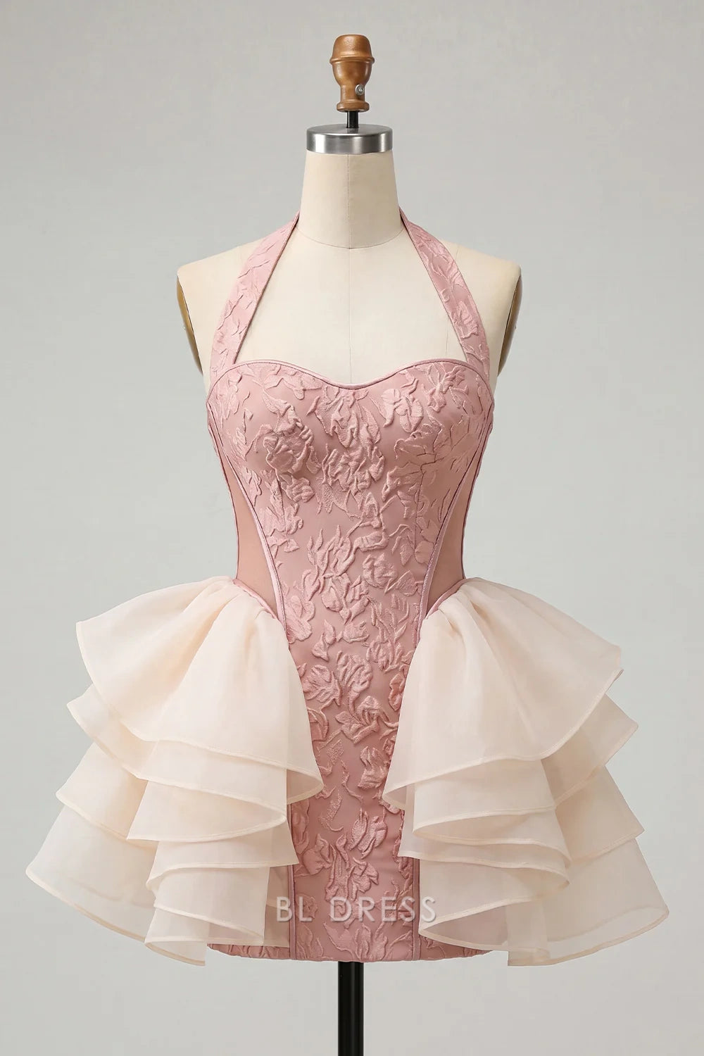 Playful A-Line Halter Sweetheart Sleeveless Ruffled Tiered Blush Pink Mini Homecoming Women's Dress