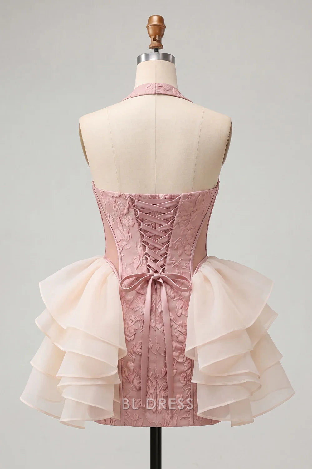Playful A-Line Halter Sweetheart Sleeveless Ruffled Tiered Blush Pink Mini Homecoming Women's Dress