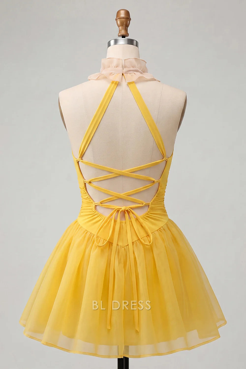 Playful A-Line Halter V-Neck Sleeveless Ruffled Yellow Short Homecoming Dress