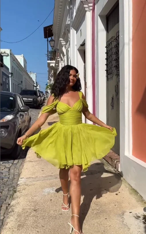 Playful A-Line Sweetheart Off-Shoulder Ruched Flowy Lime Green Short Homecoming Dress Women