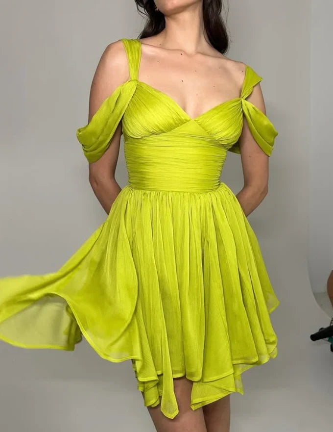 Playful A-Line Sweetheart Off-Shoulder Ruched Flowy Lime Green Short Homecoming Dress Women